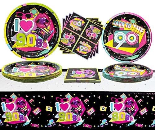 Hegbolke 90s Articles de fête - 61 Pcs 90s Assiettes Serviettes Set, pour Retour aux décorations de fête des années 90, 90s Theme Birthday Articles de fête - pour 20 Personnes