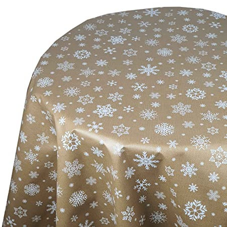 Wachstuch Wachstischdecke Tischdecke Weihnachtstischdecke Größe wählbar Weihnachten Schneeflocken Gold Oval 130 x 220 cm abwaschbar