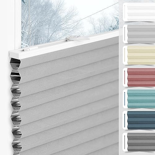 bobodeco Wabenplissee Plissee ohne Bohren Verdunkelung Klemmfix Thermo Verdunklungsplissee, Hellgrau-Weiß 50x130 cm(BxH), 100% Verdunkelnd & Sicht- & Schallschutz, Wärmeisolierung für Fenster & Tür