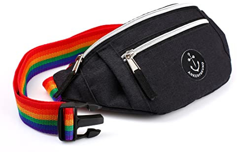 Bauchtasche mit Regenbogengurt für Damen Herren Unisex wasserabweisend Gürteltasche Hüfttasche Groß Umhängetasche für Festival Club Outdoor Sport Wandern Fitness Fahrrad Pride Regenbogen (Schwarz)