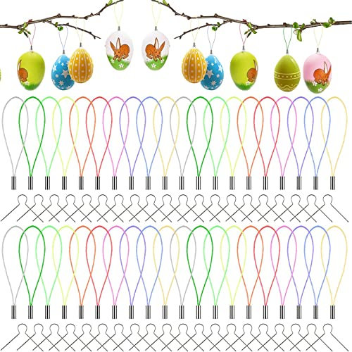 KEELYY 150 Aufhänger für Ostereier + 150 Bunte Schnur geeignet zum Aufhängen, Kugel Deko Eieraufhänger Kugelaufhänger Metallhaken Haken für Ostern Eier,Kunststoffeier zur Deko Ostern