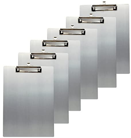 6er Alu Klemmbrett A4 mit gummierter Metalklemme, Schreibbrett DIN A4 mit Aufhängeose, Pad Halter Clipboard - Stabile Aluminum Schreibplatte - Schreibblock 6er Pack in Grau - TKD8025-grey-6x