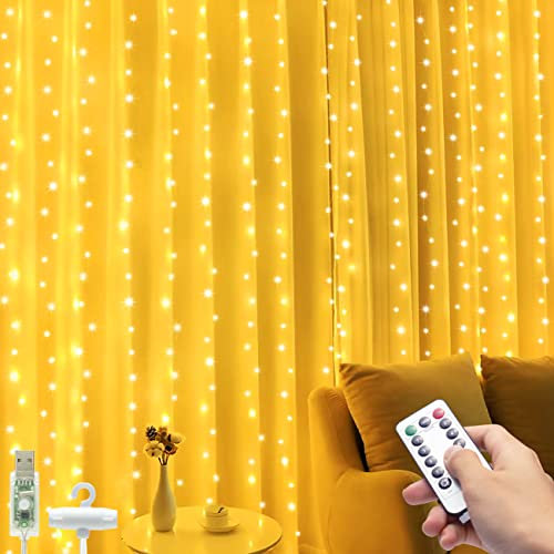 Lichterkette Vorhang Innen, Hepside Lichtervorhang 300 LED Vorhang Lichterkette mit 8 Lichtmodelle,IP65 Wasserdicht USB Lichterketten Vorhang mit Fernbedienung für Hochzeit,Weihnachten Deko (Warmweiß)