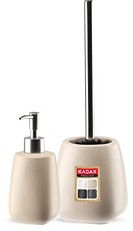 KADAX 2-teiliges Badezimmer Set aus Keramik, Badaccessoires, Badzubehör, Seifenspender, Badezimmerbecher, Seifenschale und WC-Bürste (Bürste&Spender Beige)