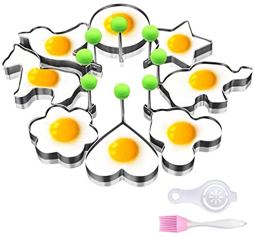 SJUNJIE 8 Pièces Moule Oeuf Au Plat Acier Inoxydable +1 Pcs Filtre à œufs +1 Pcs Brosse en Silicone Moule à Oeuf au plat Moule Pancake avec Poignée Anneaux à œufs pour Omelette Crêpes