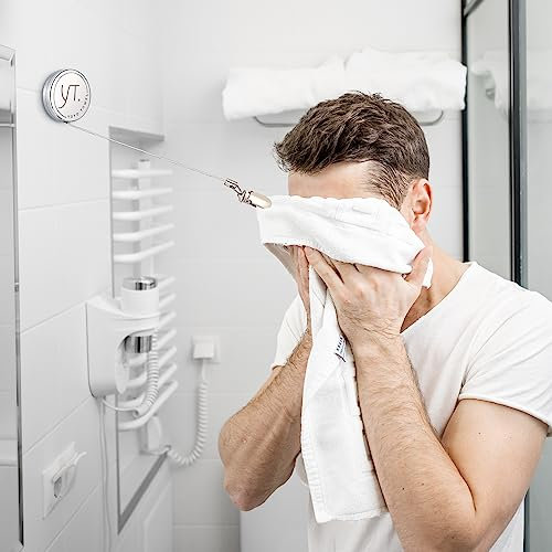 JUMUAA Lot de 2X Porte Serviette Salle de Bain,Zinc - Porte Serviettes adhésifs rétractables pour Salle de Bain et Cuisine - Câble et Clip antirouille de 65 cm de Long - Facile à Installer et innovant