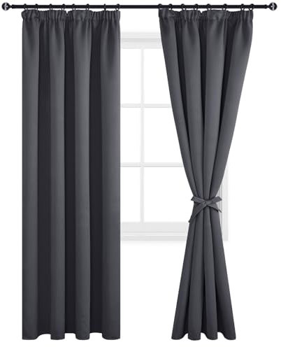 DWCN Vorhänge mit Kräuselband 2er Set Blickdicht Wohnzimmer, H260 x B140 cm Gardinen Verdunkelungsvorhang mit Vorhang-Krawatten, Wärmeisolierend Thermovorhang für Schlafzimmer Wohnzimmer, Dunkel Grau