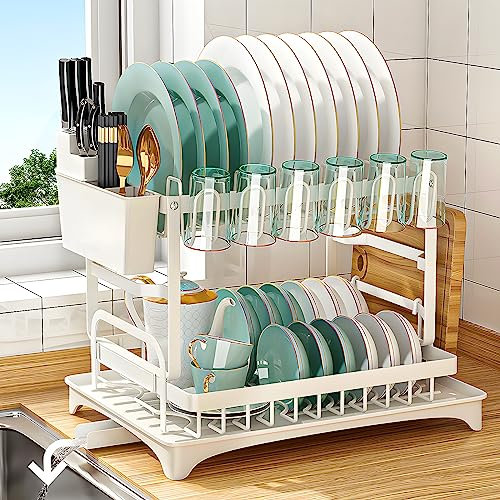 Frasheng Escurridor de platos de 2 niveles, secador de platos, drenaje automático, escurridor de platos, soporte para tabla de cortar, soporte para cubiertos y tabla de goteo