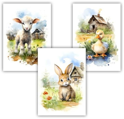 Samunshi® 3x Kunstdruck Bauernhof Tiere Set Schaf Ente Hase Kunstdruck Bilder Poster Deko Jugendzimmer Kinderzimmer Kinder DIN A4 21x29,7cm