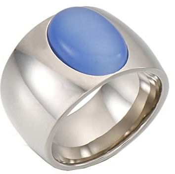 Mesnt Verlobungsring Damen, Edelstahl 15MM breiter Ring mit ovalem Stein für Frauen Silber Blau, Größe 60 (19.1)