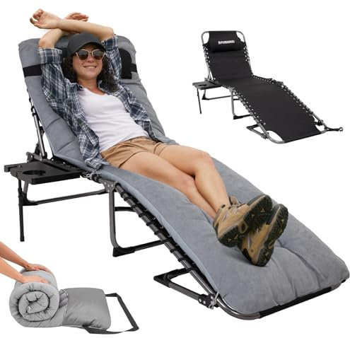 FUNDANGO Sonnenliege Klappbar mit Auflage Gartenliege 5-Verstellbarer Rückenlehne mit Seitentisch Kissen Liegestuhl Klappbar Strandliege Campingliege für Strand Garten Terrasse Pool Camping Indoor