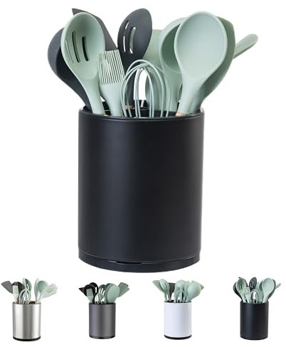 LIBODOUR Kitchen Utensil Holder Extra Large 360°Rotating For Counter Organizer Stainless Steel Storage Cooking Silverware Caddy 3 Compartment Flatware Spoon Spatula Tool Cutlery Container(Black)