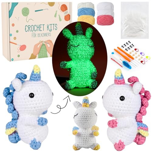 DoreenBow Häkelset für Anfänger, leuchtendes Garn-Set für Erwachsene und Kinder, Häkel-Strickset, enthält genug Garne, Hakenzubehör, Pferd