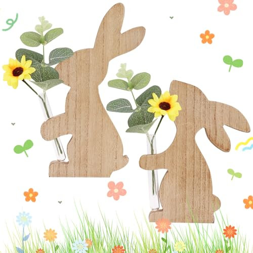 Osterdeko Hase Blumenvase Frühlingsdeko Tisch Hase Deko Vase,Osterdekoration Vasen Dekofigur Hase mit Glas Reagenzglas Vasen Oster Deko Frühlingsdeko Innen Osterhasen Deko Holz (2er Set)