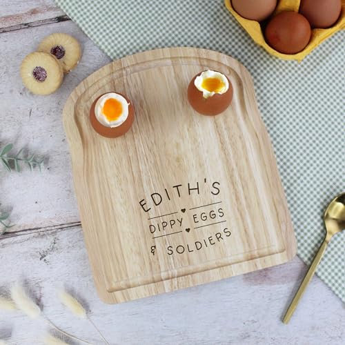 eBuyGB Personalised Toast Shaped Dippy Eggs & Soldiers Board with Name & Love Hearts or Stars, Kids Easter Gifts, Wooden Egg & Soldiers Breakfast Plate