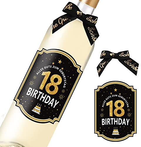 18. Geburtstags-Flaschenetikett; Happy Birthday Etikett für Sekt- & Weinflaschen selbstklebend; Geburtstags-Geschenk für Männer & Frauen (11,5 x 8,5 cm)-Weinflaschenaufkleber-Alles Gute zum Geburtstag