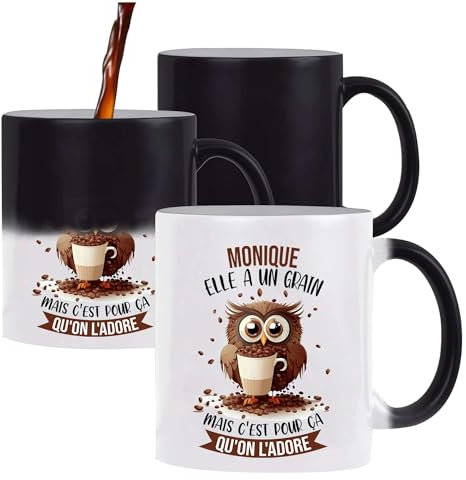Planetee Tasse Magique Monique Chouette Café | Mug qui change couleur avec la chaleur | Idée Cadeau Humour Collègue Travail Famille Anniversaire Noël