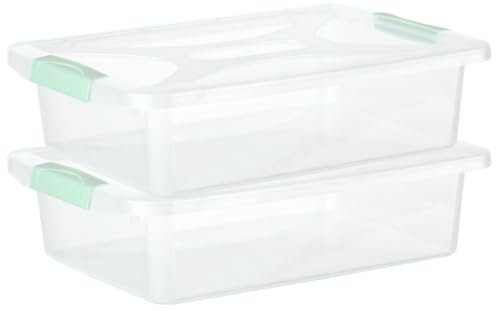 Engelland - 2 x Aufbewahrungsbox mit Deckel und Verschluss-Clips, mint-transparent, 6 Liter, flach, Plastik-Box, stapelbar, stabil, BPA-frei, lebensmittelecht