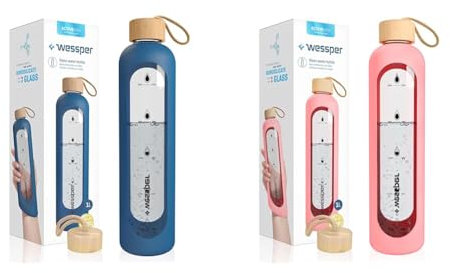 Wessper Bouteille d’eau 1L de Motivation en verre avec temps horaire, Sans BPA & Bouteille d’eau 1L de Motivation en verre avec temps horaire, Sans BPA, Gourde en verre hermétique 1000 ml