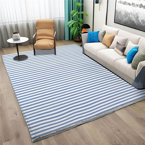 Teppich 120x170cm für Wohnzimmer und Schlafzimmer Moderne DekoBlau Gestreifte Geometrische Linien Flauschiger und Rutschfester Waschbar Kurzflor Teppich Blau Weiß, Faltbare weiche Kindermatte