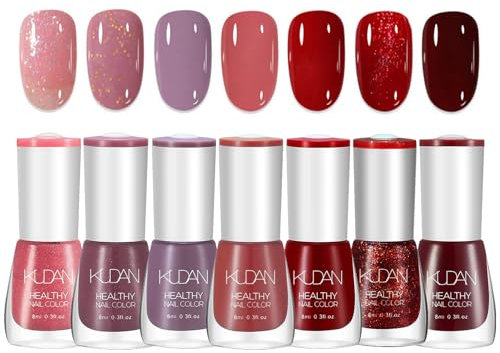 DMQ Red Nail Polish Set, 7Pcs Glitter Nail Varnish Kit, Quick Dry & Long Lasting Pink Red Purple Glitter Nail Gel - Non-Toxic Water Based Holographic Nail Polish Gel for DIY Nail Art - No Need Cure