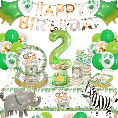 YIMAKJ Enfant Anniversaire 2 An Deco, Jungle Animaux Decoration, Safari Thème Vaisselle, 94 Pcs Assiette, Gobelet Carton, Nappe, Pour 2 An (16 Invités)