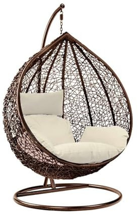 Holywarm Rattan Swing Egg Chair | Garden Hanging Chair with Stand & Cushion | Indoor Outdoor Hammock for Bedroom Balcony (Brown & White)