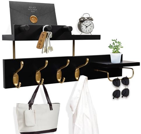 Lampaggio Porte-manteau mural avec étagère, crochets en bois 4 en 1 avec porte-clé et porte-courrier, étagère suspendue d'entrée de 43,2 cm avec support de lunettes de soleil et 4 crochets métalliques