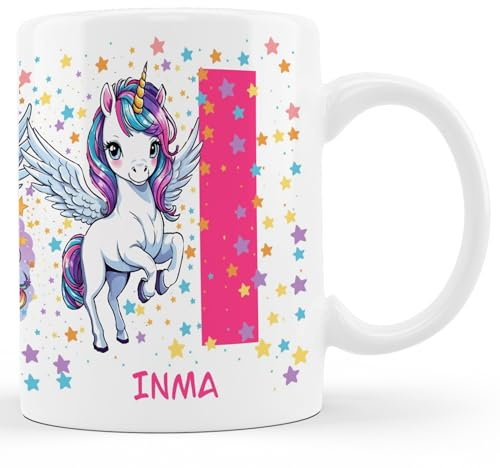 Taza de Unicornio Personalizada para Niñas con Inicial y Nombre (A-Z) Taza de cafe A-Z de ceramica Tazas de desayuno con letra y nombre Taza desayuno para niñas, Taza para regalar (COL) (I)