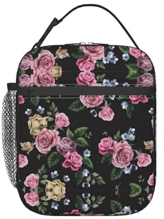 HJLUUFT Black Blackgound Rose - Lonchera térmica para adultos y niños pequeños, con lonchera Bento