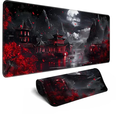Japanese Riverside Full Moon Desk Mat Large Mouse Pad Gaming Mousepad Extended XL Keyboard Mat Computer Laptop Mouse Desktop Mat 31.5 X 11.8 Desk Decor