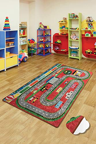 Bosdela Kinderteppich - und Babyteppiche – Vielfältige Designvariationen 100x160 cm Roter Bahnhof – rutschfest, hypoallergen & pflegeleicht idealer Spielteppich für Kinderzimmer & Spielbereiche
