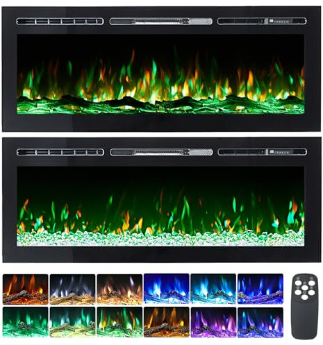 WarmieHomy Electric Fire 127cm/50in with Large Flame Display Screen, Recessed/Wall Mounted Electric Fireplace, Media Wall Fire with Remote Control, 12 Flame Colors, 900W&1800W, Crystal & Log Set