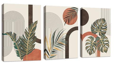 3 Pcs Boho Beige Pflanze Leinwandbilder Bilder Set mit Rahmen, Mitte Jahrhundert Linie Geometrisch Bilder Moderne Wandbilder Schlafzimmer Bild Auf Leinwand Kunstdruck Deko für Wohnzimmer 30x40cmx3