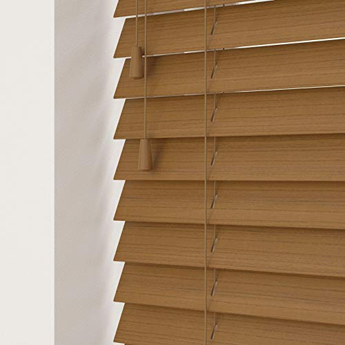 Truffle Faux Wood Venetian Blind 50mm Slats - 70cm Width x 120cm Drop | Fine grain truffle faux wood Venetian blind with strings. 50mm slats. 70cm width x 120cm drop. Moisture resistant.