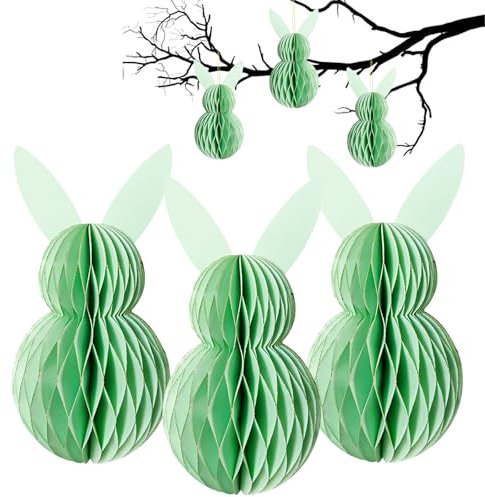 LUMOOM 3 Stück Osterdeko Wabenbälle, Osterhase Papier Faltbar, Wabenhase aus Seidenpapier, Aufhängen Osterhasen für Draußen, Wiederverwendbar Ostern Dekorieren (Grün)