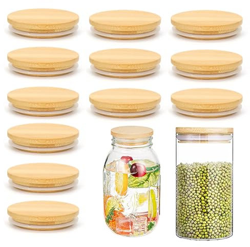 Satiskid 12PCS Bamboo Lids for Gü Pots, Airtight Bamboo Lid with Silicone Sealing Ring, Reusable Jars Lids Compatible with Gu Puds Cheesecake Jars Yoghurt Pots