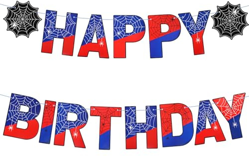 SAVITA Pancarta Cumpleaños con Tema Araña, Banderola Feliz Cumpleaños Roja y Azul con Cinta y Enhebrador para Telón de Fondo de Fiesta Colgante DIY
