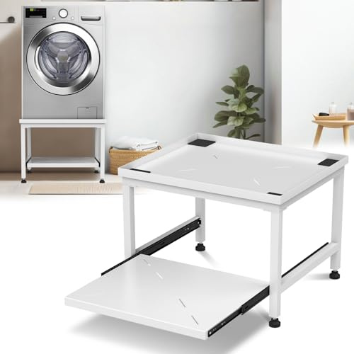 Herrselsam Tvättmaskinsunderrede med låda, 45,5 cm höjd, bärkapacitet 200 kg, enhetsstativ med justerbara fötter och vibrationsdämpare, piedestal för torktumlare, kylskåp, tvättmaskin, vit