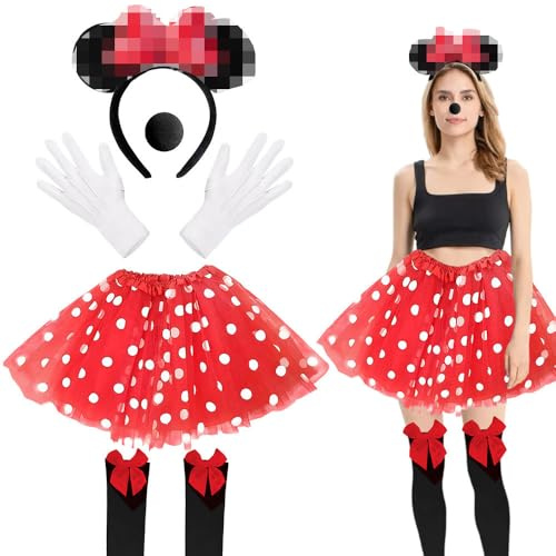 Yi'antai Damen Maus Mouse Kostüm, Mouse Kostüm Damen Rot Tutu mit weiß Gepunktet, Haarreifen mit Maus Ohren, mouse Kostüm Set mit Handschuhe Nase Kniestrümpfe, damen Mädchen Faschingkostüme (Set A)