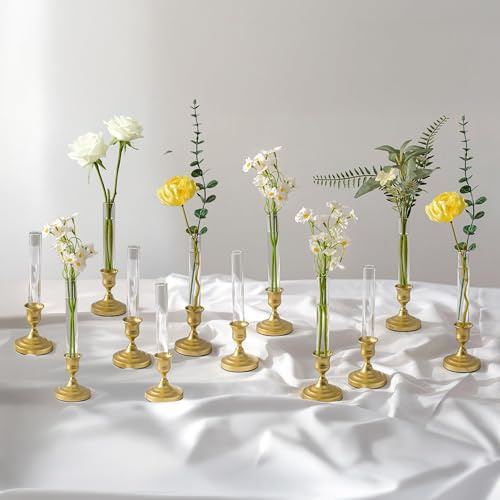 Inweder Reagenzgläser Vase mit Gold Kerzenhalter für Tischdeko, 12 Stück | 2-in-1 Design, mit Silikonhülle, für Hydrokultur/Einzelne Blumen, Kleine Blumenvase für Hochzeit Jahrestag Geburtstag Party