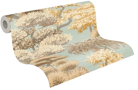 A.S. Création Baum-Vliestapete – Blau, Beige, Braun – 10,05 x 0,53 m | Natürliches Baum-Motivals Akzent – schimmernde Motivtapete im Metallic-Look, einfach zu verkleben & spurlos abziehbar