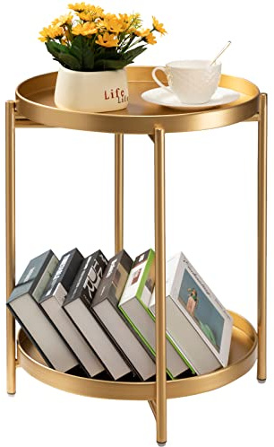 danpinera 2-Tier Gold Side Table, Round End Table, Small Gold Table with Removable Tray, Metal Folding Accent Living Room, Anti-Rust Nightstand for Bedroom Balcony Patio Coffee Table