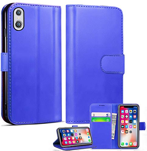 Mobile Stuff iPhone XS Leather Wallet Case - Folio Flip Book Cover with Magnetic Closure - Adjustable Viewing Stand (iPhone XS, Blue)