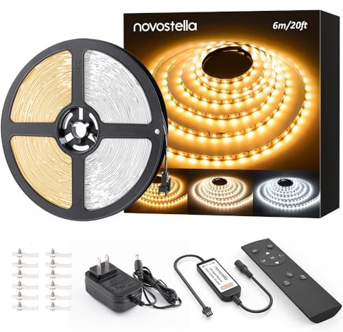 NOVOSTELLA 20ft Tunable White LED Strip Light kit Dimmable 3000K-6500K 24V LED Tape Light with Remote Flexible Rope LED Ribbon for Bedroom Home Lighting Mirror Kitchen Bar Cabinet Daylight Warm White