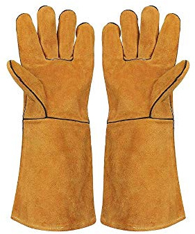 FZTEY High Temperature Gloves, Stove, Fireplace Welders Ultimate Thermal Fire, Cut, Knife Resistant Safety Work Protective Leather Gauntlets For BQQ, Welding, Oven, Grill, Mig Gardening (Yellow)