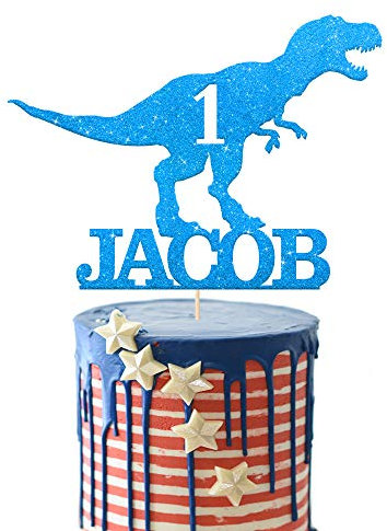 EDSG Personalised Dinosaur Cake Topper for Boy with Any Name Any Age | Multicolour Glitter Dragon Topper for 1st, 3rd, 5th, 7th, 9th, 13th Birthdays (Blue)