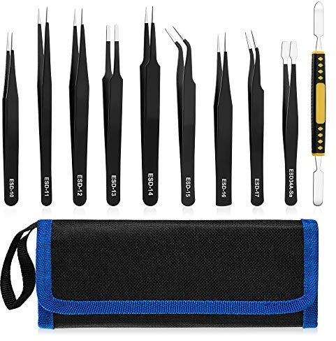 UUBAAR Juego de 10 pinzas de precisión, kit de pinzas antiestáticas ESD de acero inoxidable para soldadura electrónica, joyería, laboratorio y manualidades, incluye bolsa de almacenamiento