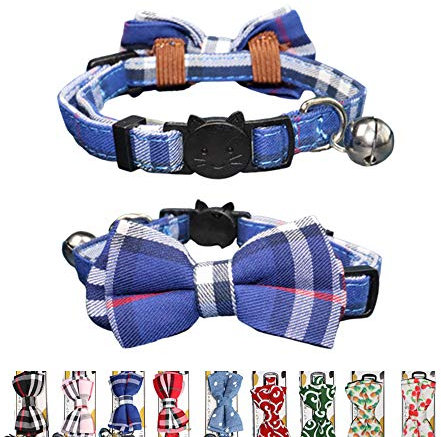 THAIN Katzenhalsband mit Glöckchen und Fliege, Sicherheitsschnalle mit Namensschild, blaues Karomuster, verstellbar, 17,8–27,9 cm, für Kätzchen, Katzen (blaues Karomuster)