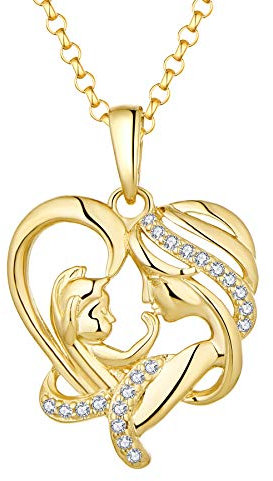 JO WISDOM Mama Halskette Silber 925,Kette Anhänger Mutter Kinder Familie Liebe Herz mit 3A Zirkonia mit Gelbgold überzogen,Schmuck für Frauen